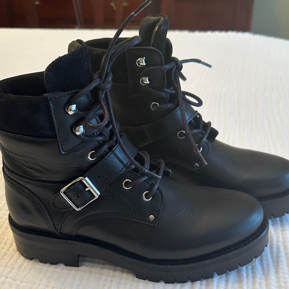 New All Saints Paulina Black Leather/Suede Combat Boot Size 37 6 1/2